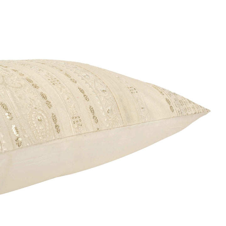 Bahaar Ivory Sequin Geometric Embroidered Cushion Cover (12 inch x 18 inch) - KHAABKA
