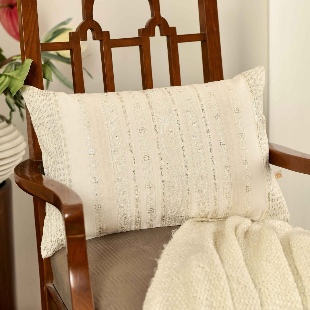 Bahaar Ivory Sequin Geometric Embroidered Cushion Cover (12 inch x 18 inch) - KHAABKA