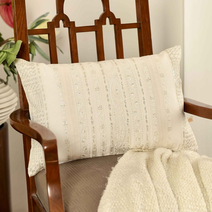 Bahaar Ivory Sequin Geometric Embroidered Cushion Cover (12 inch x 18 inch) - KHAABKA