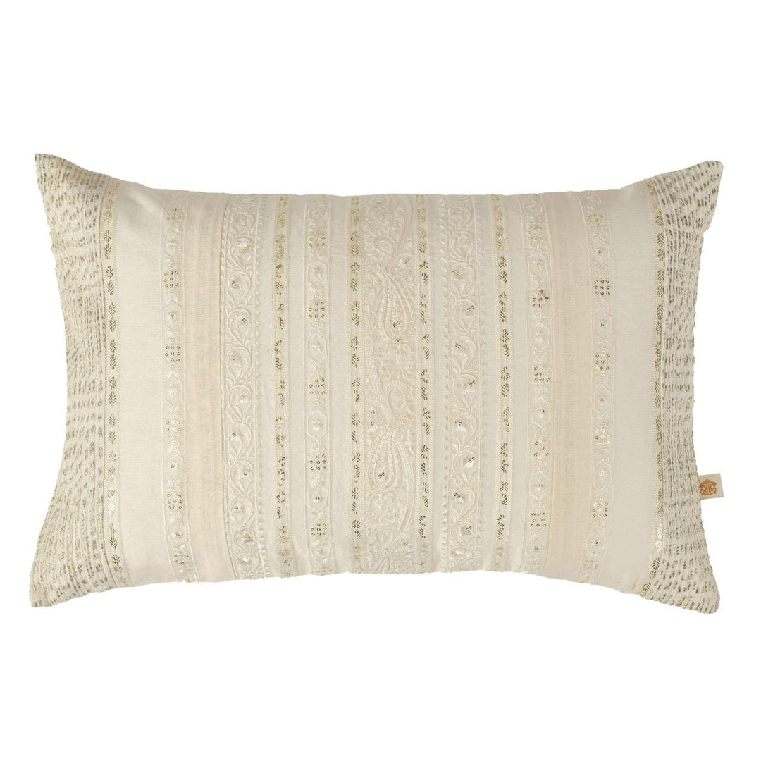 Bahaar Ivory Sequin Geometric Embroidered Cushion Cover (12 inch x 18 inch) - KHAABKA