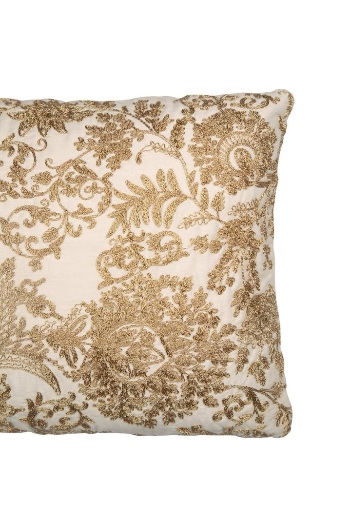Banjara Chanderi Peach Silk Floral Embroidered Cushion Cover - KHAABKA