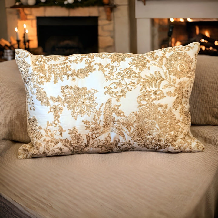 Banjara Chanderi Peach Silk Floral Embroidered Cushion Cover - KHAABKA