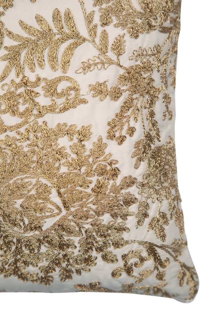 Banjara Chanderi Peach Silk Floral Embroidered Cushion Cover - KHAABKA