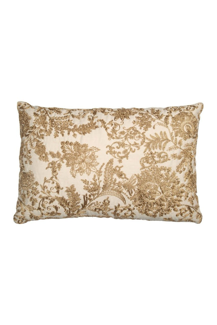 Banjara Chanderi Peach Silk Floral Embroidered Cushion Cover - KHAABKA