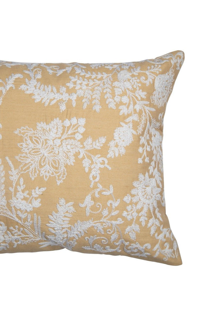 Banjara Chanderi Silk Cream Floral Embroidered Cushion Cover - KHAABKA