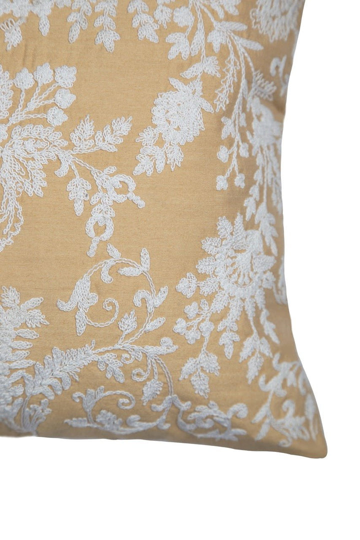 Banjara Chanderi Silk Cream Floral Embroidered Cushion Cover - KHAABKA
