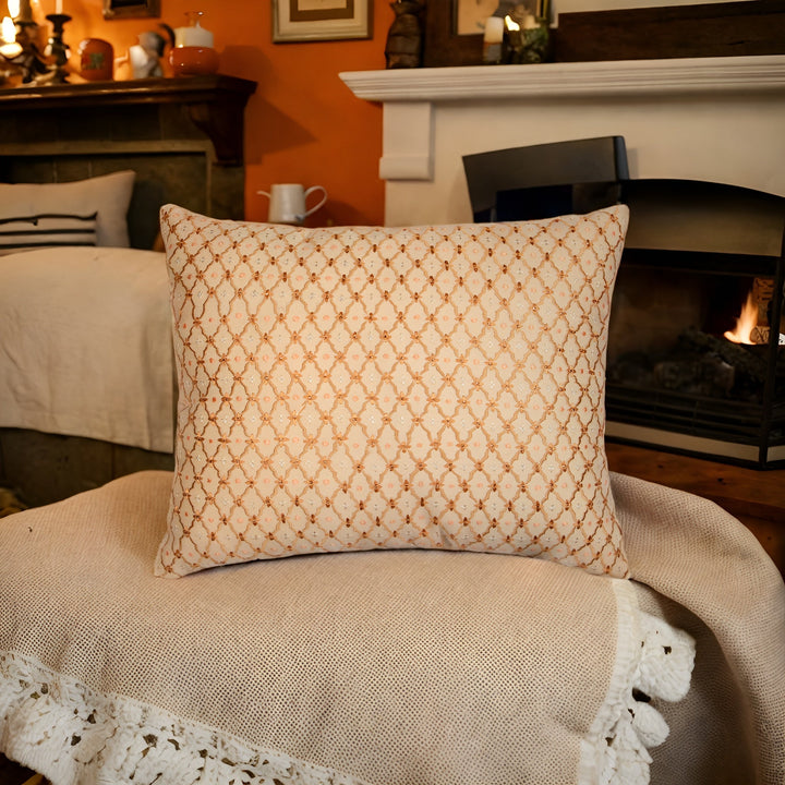 Banjara Peach Silk Abstract Embroidery Cushion Cover - KHAABKA