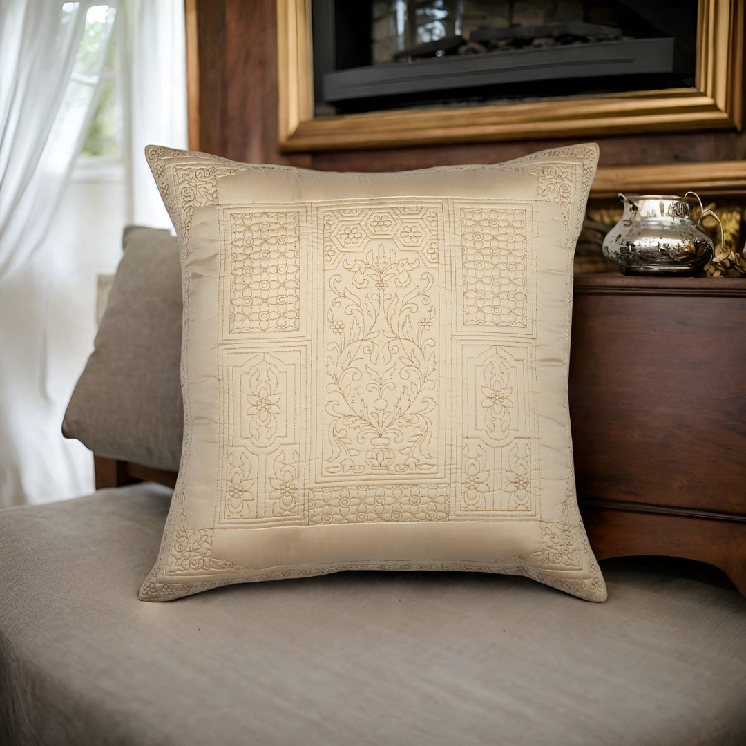 Dilkash Cream Satin Silk Quilted Embroidery Cushion Cover - KHAABKA