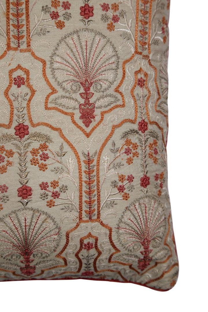Silkroute Beige Mediterranean Floral Embroidered Cushion Cover - KHAABKA