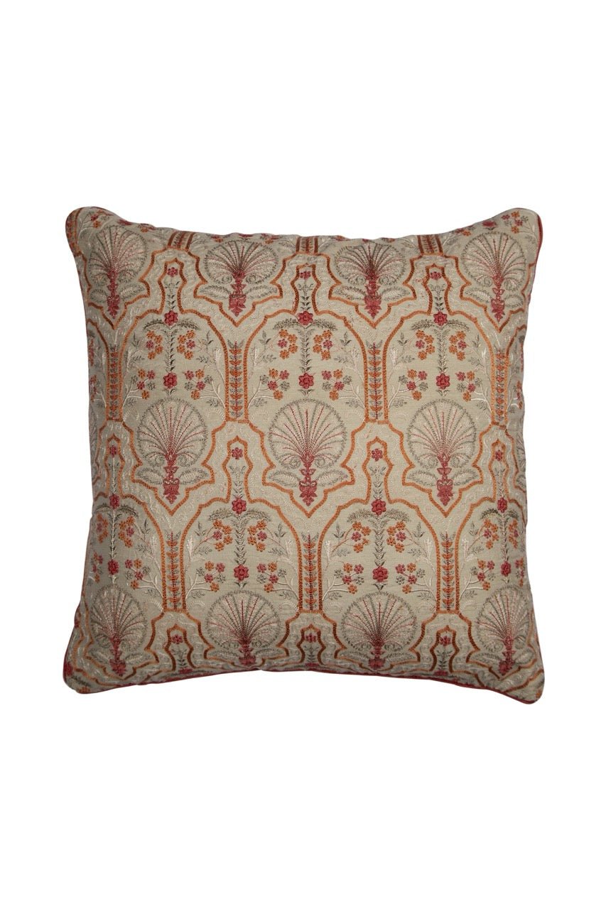 Silkroute Beige Mediterranean Floral Embroidered Cushion Cover - KHAABKA