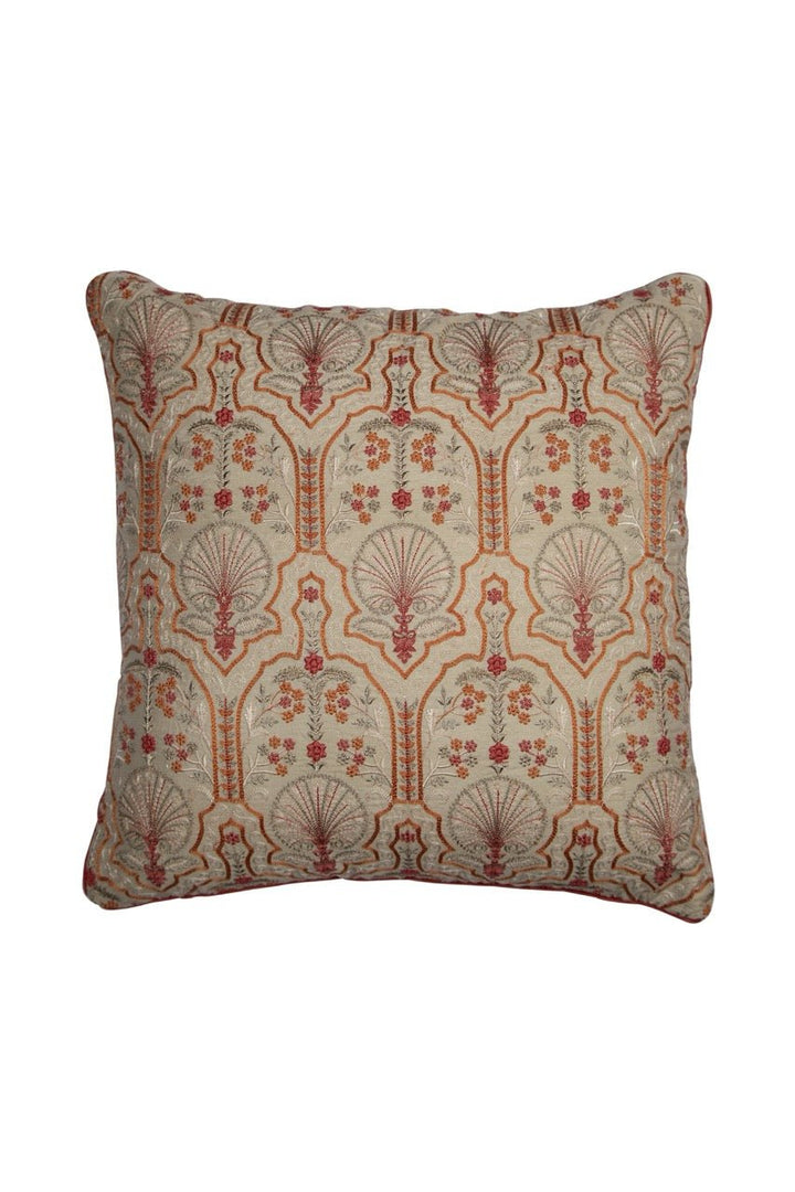 Silkroute Beige Mediterranean Floral Embroidered Cushion Cover - KHAABKA