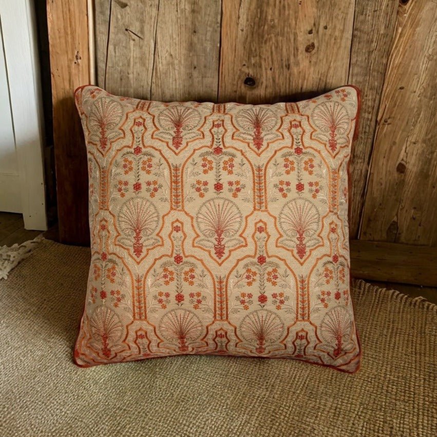 Silkroute Beige Mediterranean Floral Embroidered Cushion Cover - KHAABKA