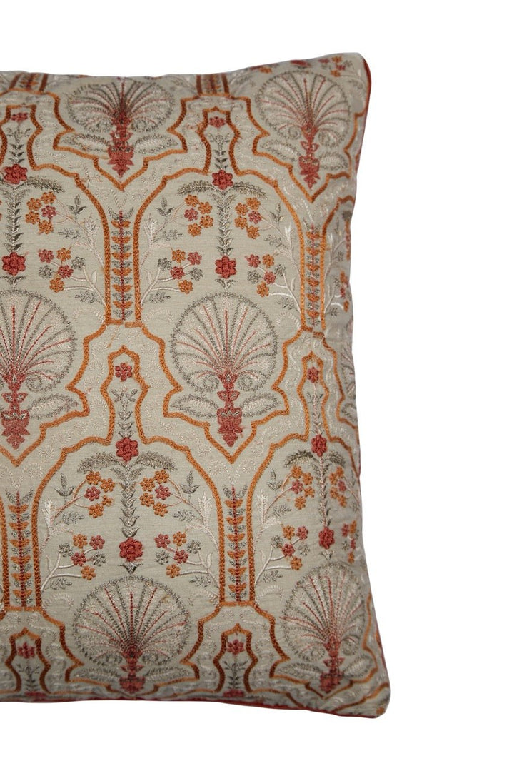 Silkroute Beige Mediterranean Floral Embroidered Cushion Cover - KHAABKA