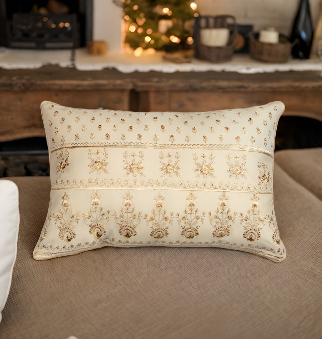 Silkroute Cream Chanderi Silk Abstract Floral Embroidered Cushion Cover - KHAABKA