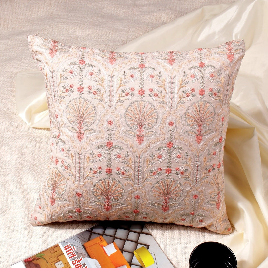 Silkroute Cream Mediterranean Floral Embroidered Cushion Cover - KHAABKA