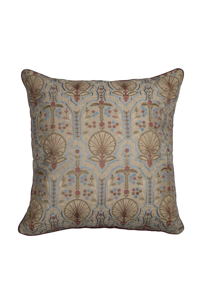 Silkroute Natural Brown Mediterranean Floral Embroidered Cushion Cover - KHAABKA