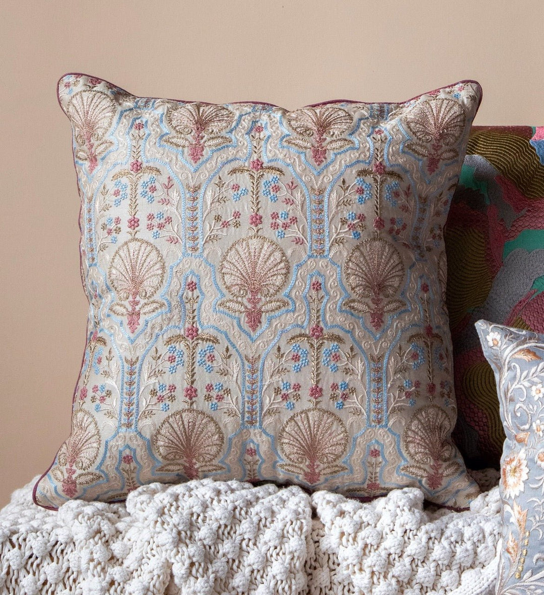 Silkroute Natural Brown Mediterranean Floral Embroidered Cushion Cover - KHAABKA