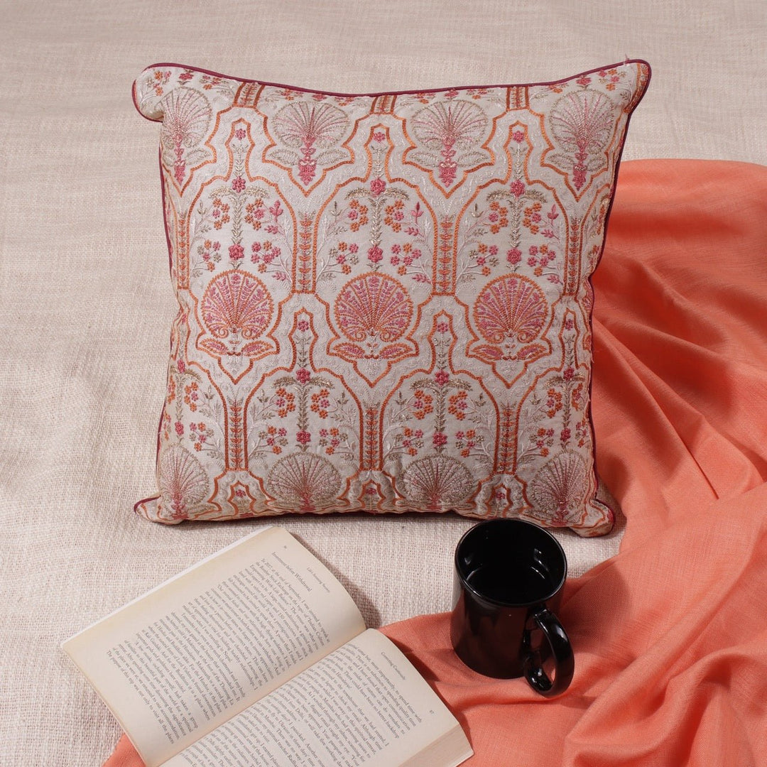 Silkroute Pink Mediterranean Floral Embroidered Cushion Cover - KHAABKA