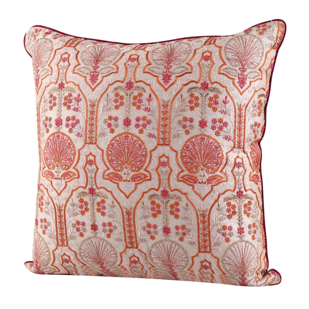 Silkroute Pink Mediterranean Floral Embroidered Cushion Cover - KHAABKA