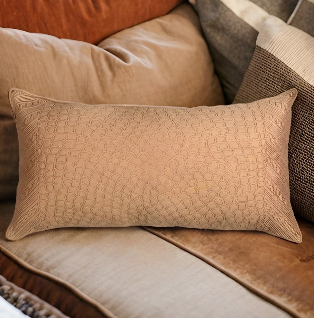 Silkroute Salmon Quilted Embroidered Silk Cushion Cover - KHAABKA