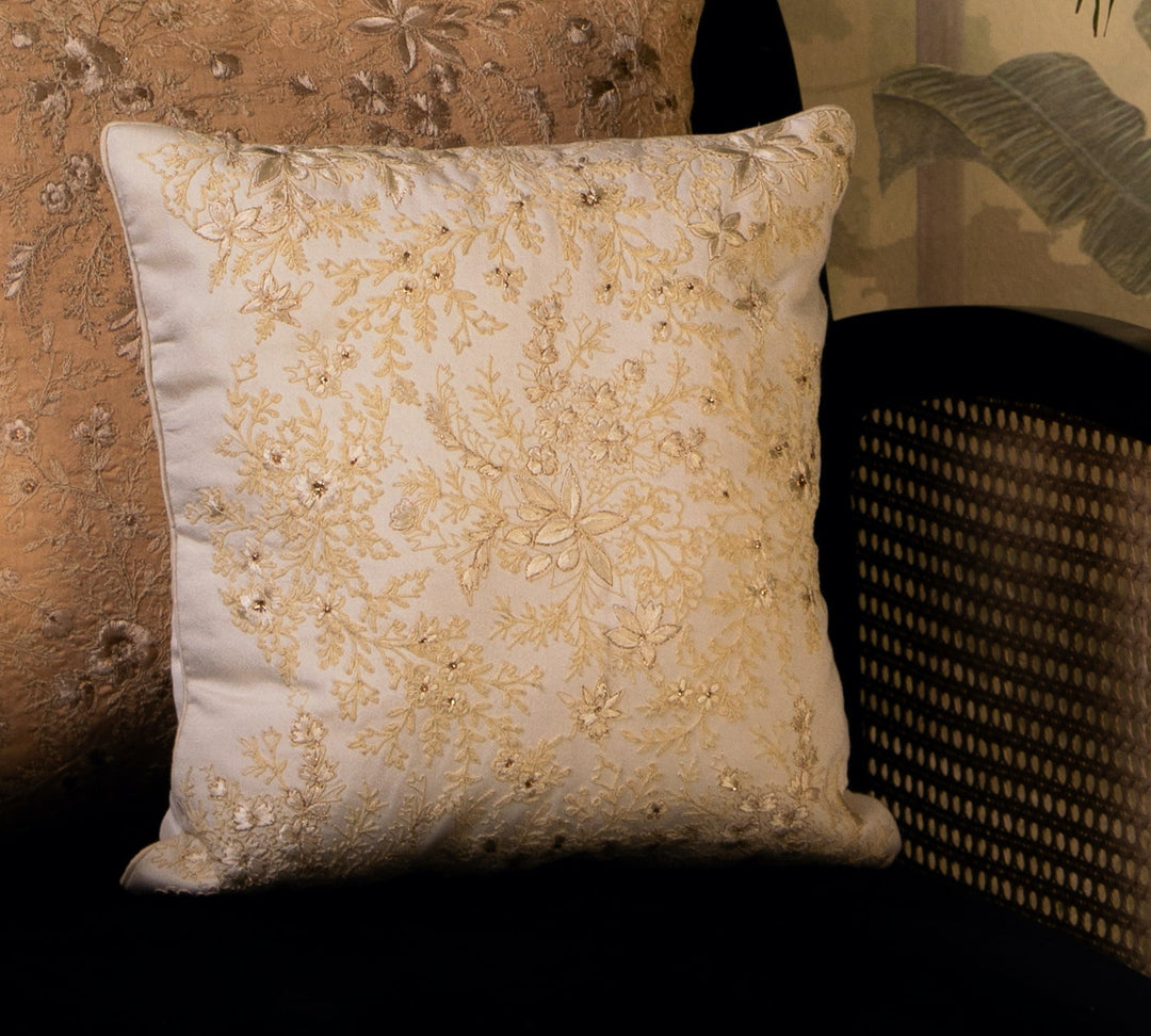 Silkroute Yellow Floral Embroidered Cushion Cover - KHAABKA