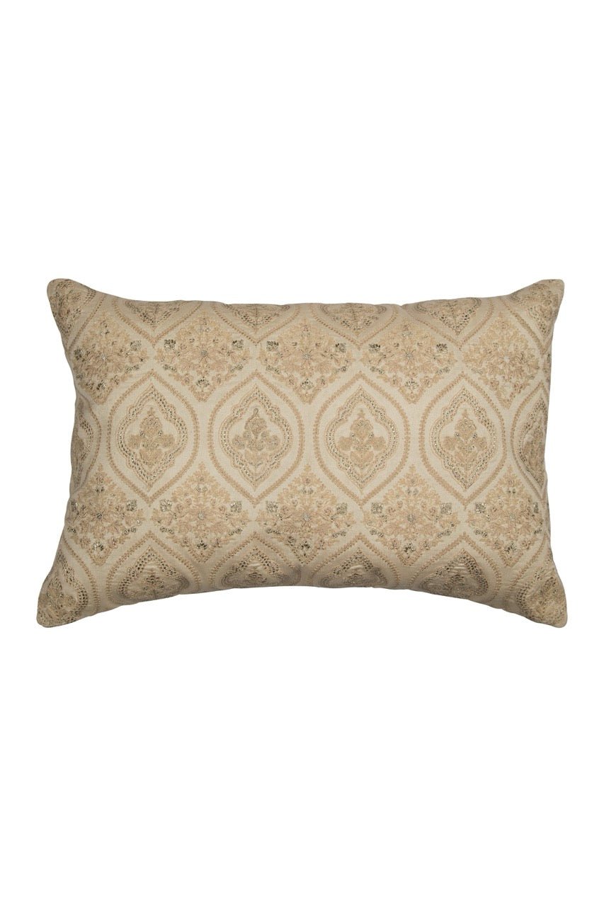 Tehzeeb Beige Chanderi Silk Embroidered Cushion Cover - KHAABKA