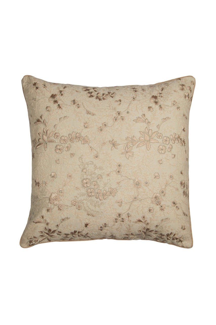 Tehzeeb Chanderi Cream Silk Floral Embroidered Cushion Cover - KHAABKA