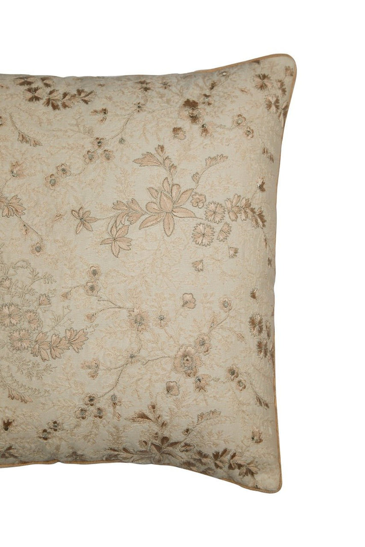 Tehzeeb Chanderi Cream Silk Floral Embroidered Cushion Cover - KHAABKA