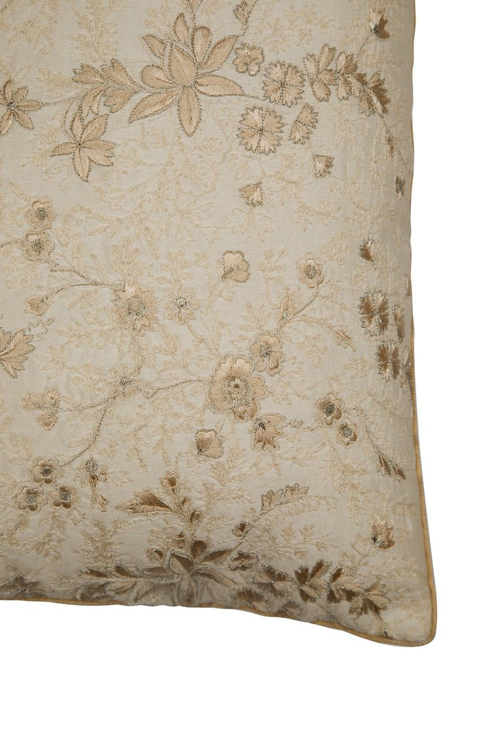 Tehzeeb Chanderi Cream Silk Floral Embroidered Cushion Cover - KHAABKA