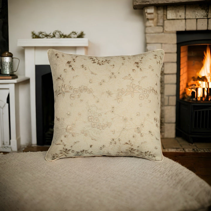Tehzeeb Chanderi Cream Silk Floral Embroidered Cushion Cover - KHAABKA