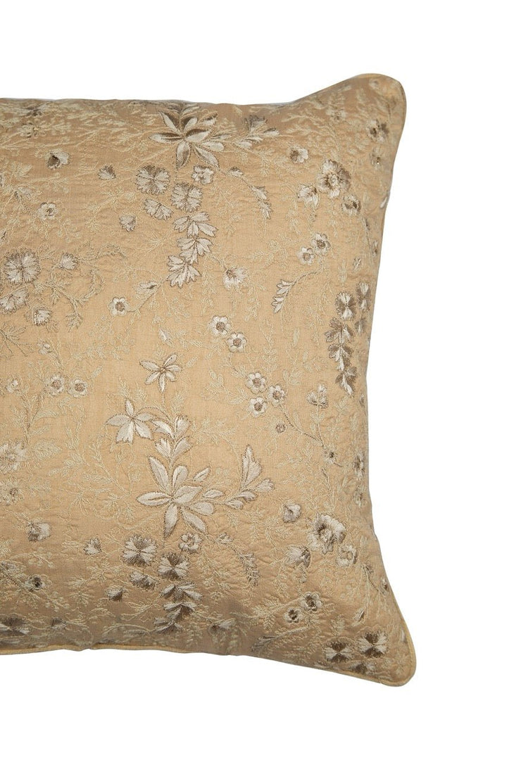 Tehzeeb Chanderi Khaaki Silk Floral Embroidered Cushion Cover - KHAABKA