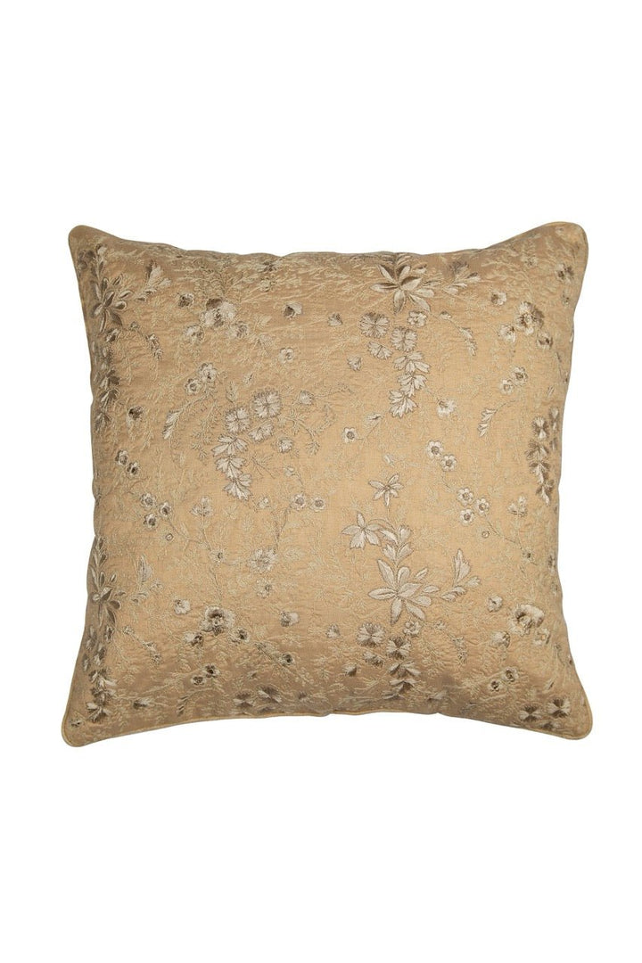 Tehzeeb Chanderi Khaaki Silk Floral Embroidered Cushion Cover - KHAABKA