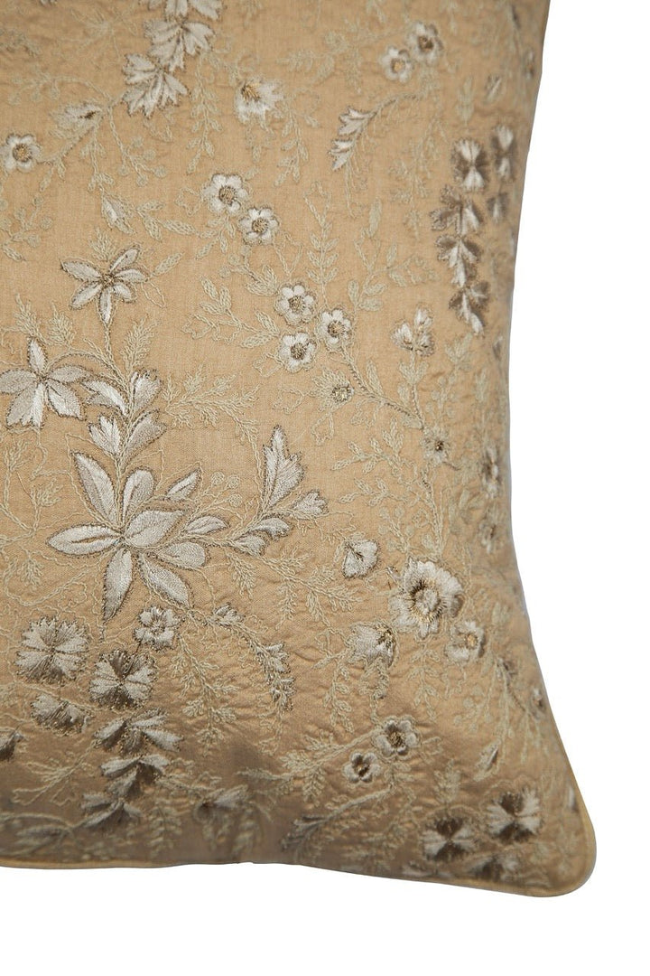 Tehzeeb Chanderi Khaaki Silk Floral Embroidered Cushion Cover - KHAABKA