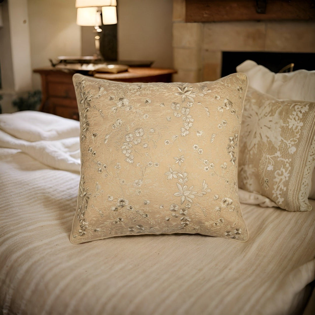 Tehzeeb Chanderi Khaaki Silk Floral Embroidered Cushion Cover - KHAABKA