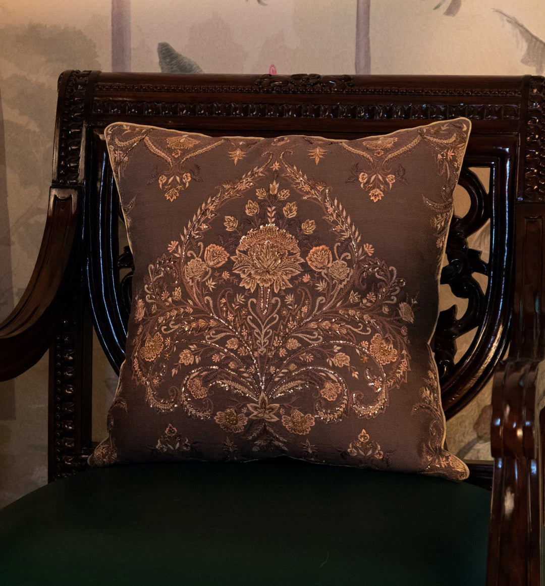 Tehzeeb Chocolate Brown Silk Hand Embroidered Cushion Cover - KHAABKA