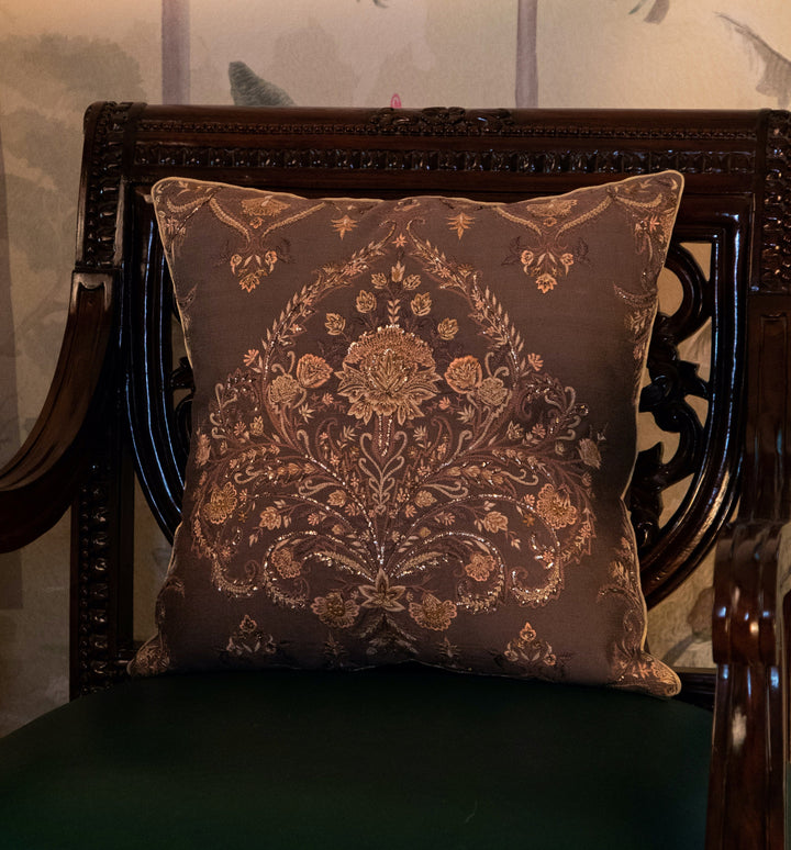 Tehzeeb Chocolate Brown Silk Hand Embroidered Cushion Cover - KHAABKA