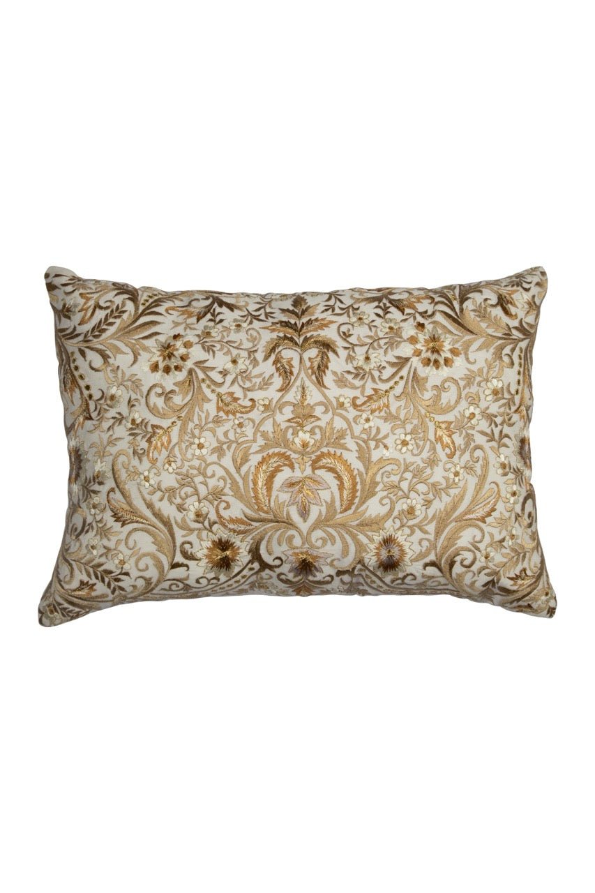 Tehzeeb Floral Beige Embroidered Chanderi Silk Cushion Cover - KHAABKA