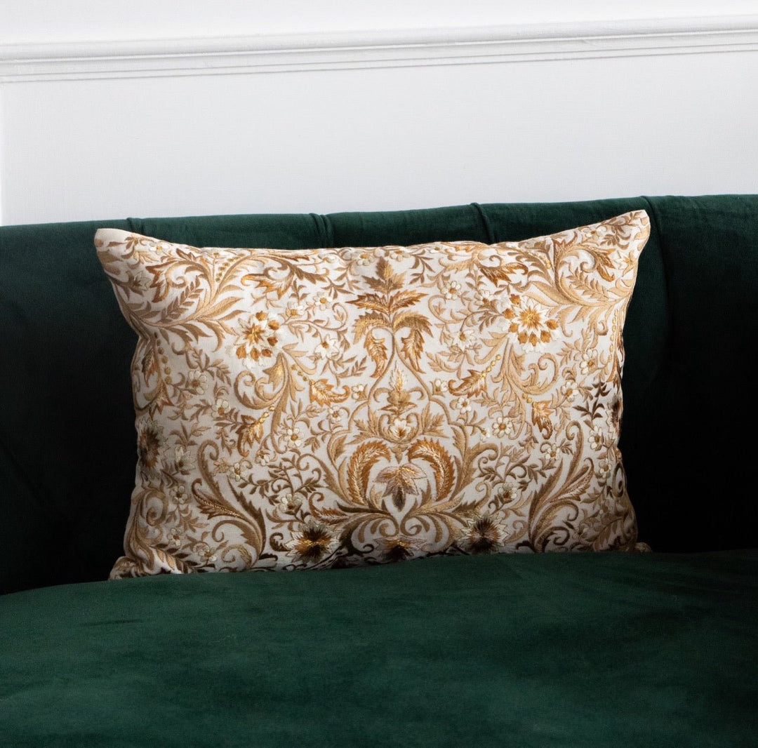 Tehzeeb Floral Beige Embroidered Chanderi Silk Cushion Cover - KHAABKA
