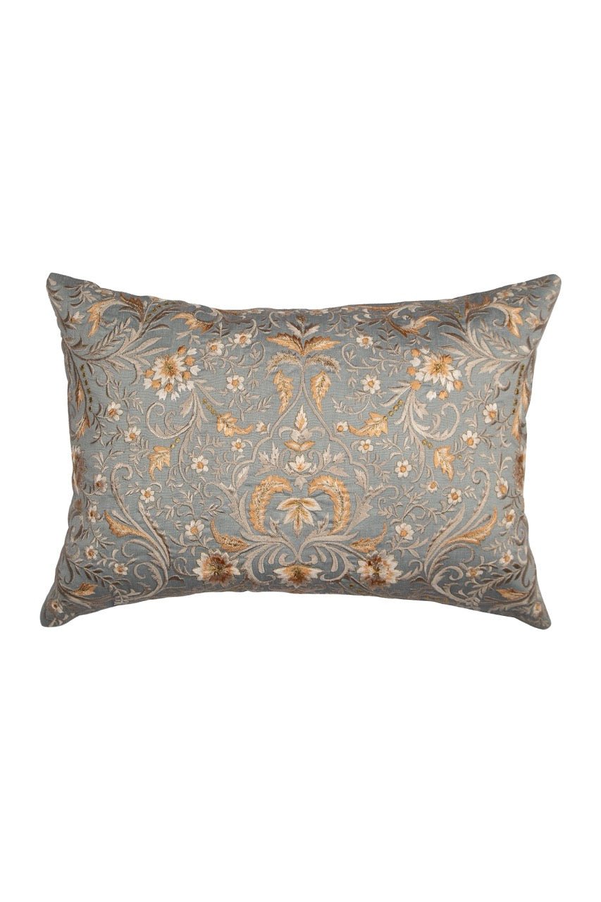Tehzeeb Floral Grey Embroidered Chanderi Silk Cushion Cover - KHAABKA