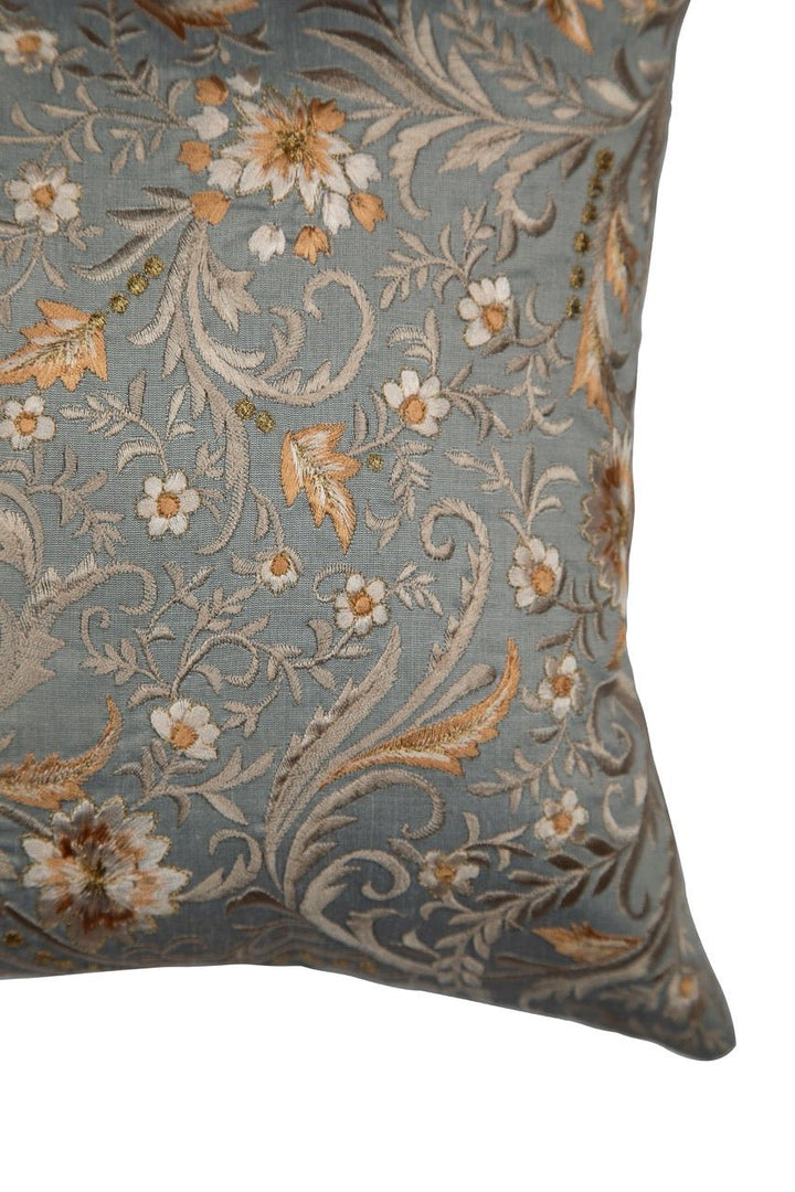 Tehzeeb Floral Grey Embroidered Chanderi Silk Cushion Cover - KHAABKA