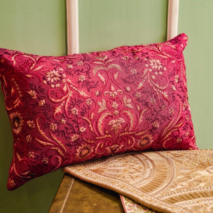 Tehzeeb Floral Maroon Embroidered Chanderi Silk Cushion Cover - KHAABKA