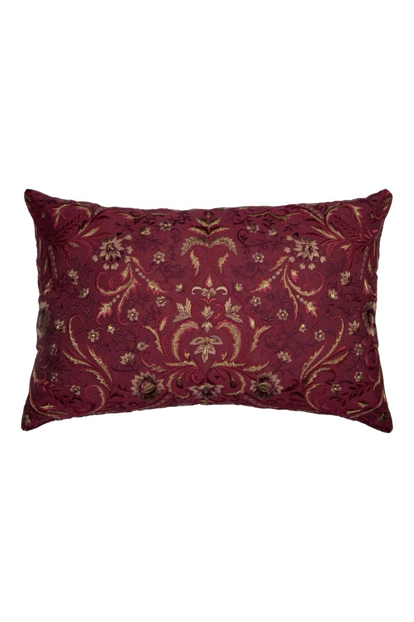 Tehzeeb Floral Maroon Embroidered Chanderi Silk Cushion Cover - KHAABKA