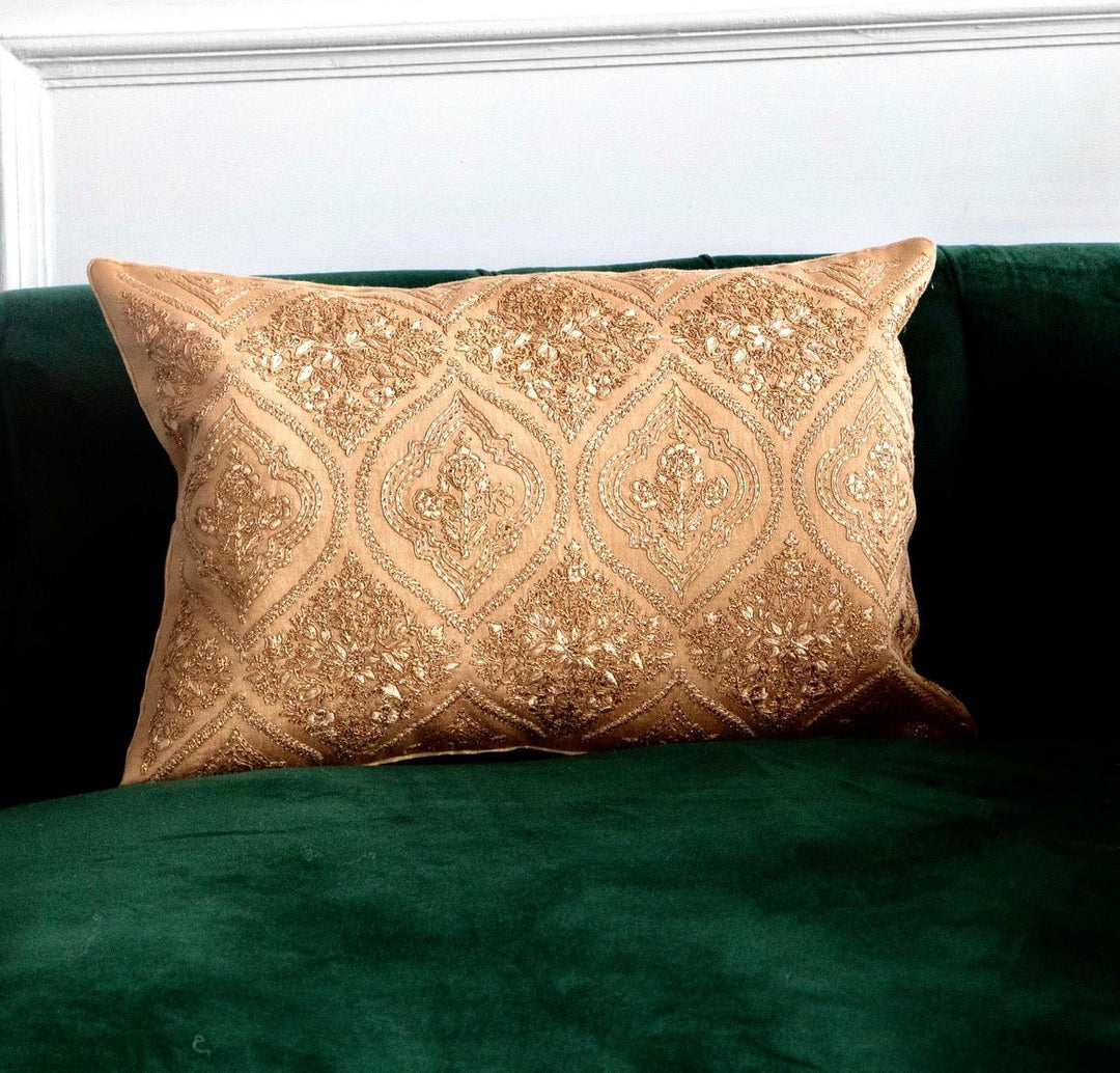 Tehzeeb Gold Chanderi Silk Embroidered Cushion Cover - KHAABKA