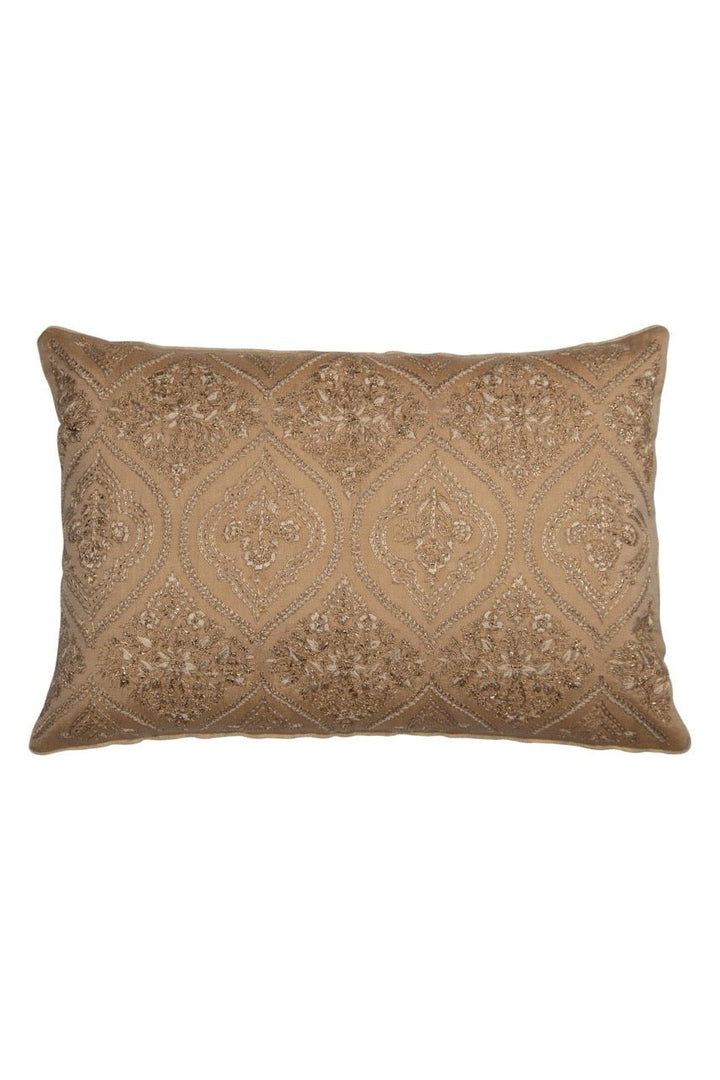 Tehzeeb Gold Chanderi Silk Embroidered Cushion Cover - KHAABKA