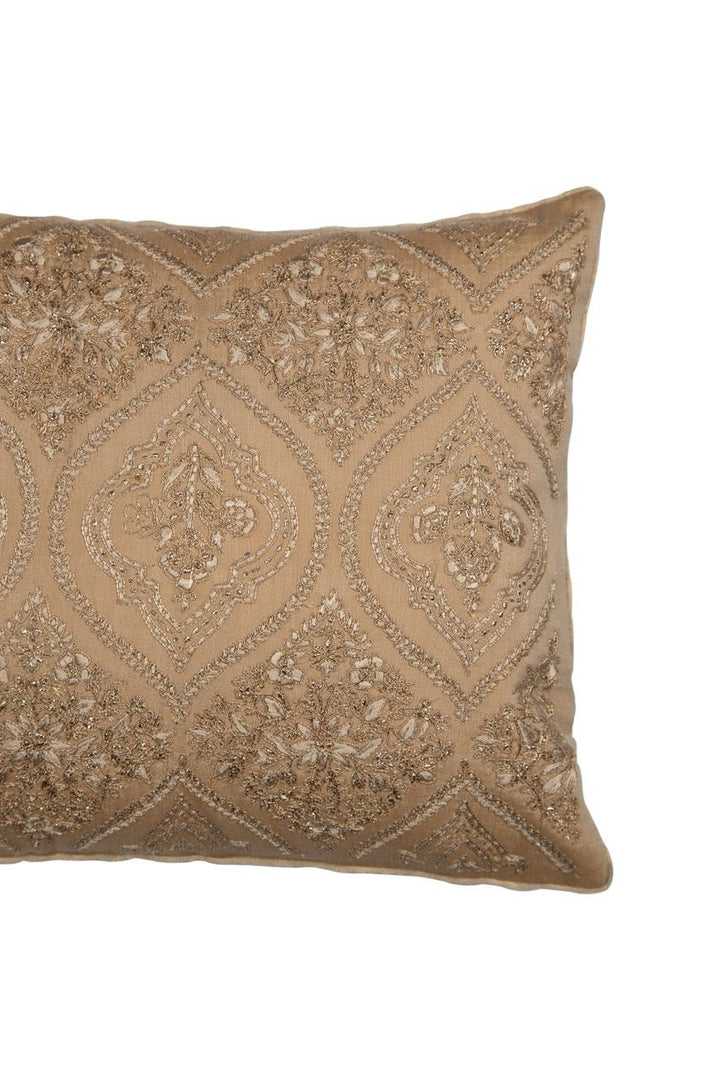 Tehzeeb Gold Chanderi Silk Embroidered Cushion Cover - KHAABKA
