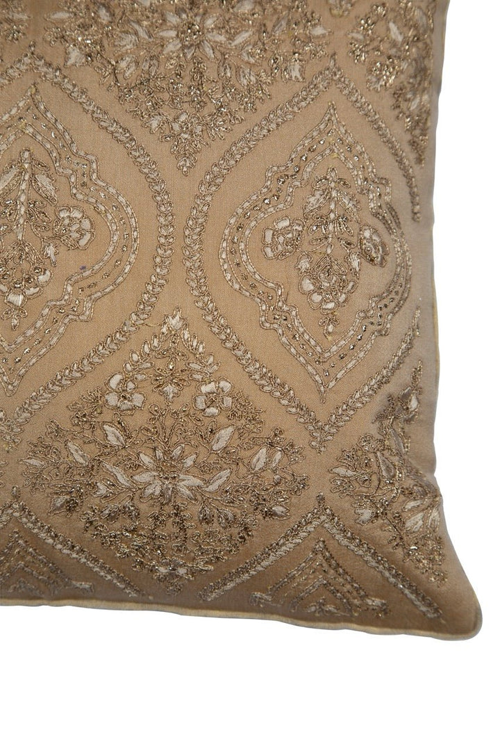Tehzeeb Gold Chanderi Silk Embroidered Cushion Cover - KHAABKA