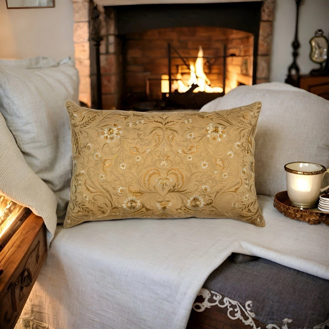 Tehzeeb Gold Floral Embroidered Chanderi Silk Cushion Cover - KHAABKA