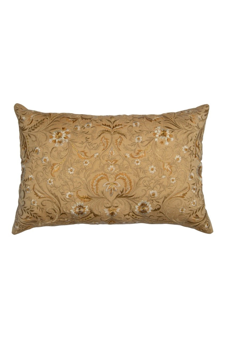 Tehzeeb Gold Floral Embroidered Chanderi Silk Cushion Cover - KHAABKA