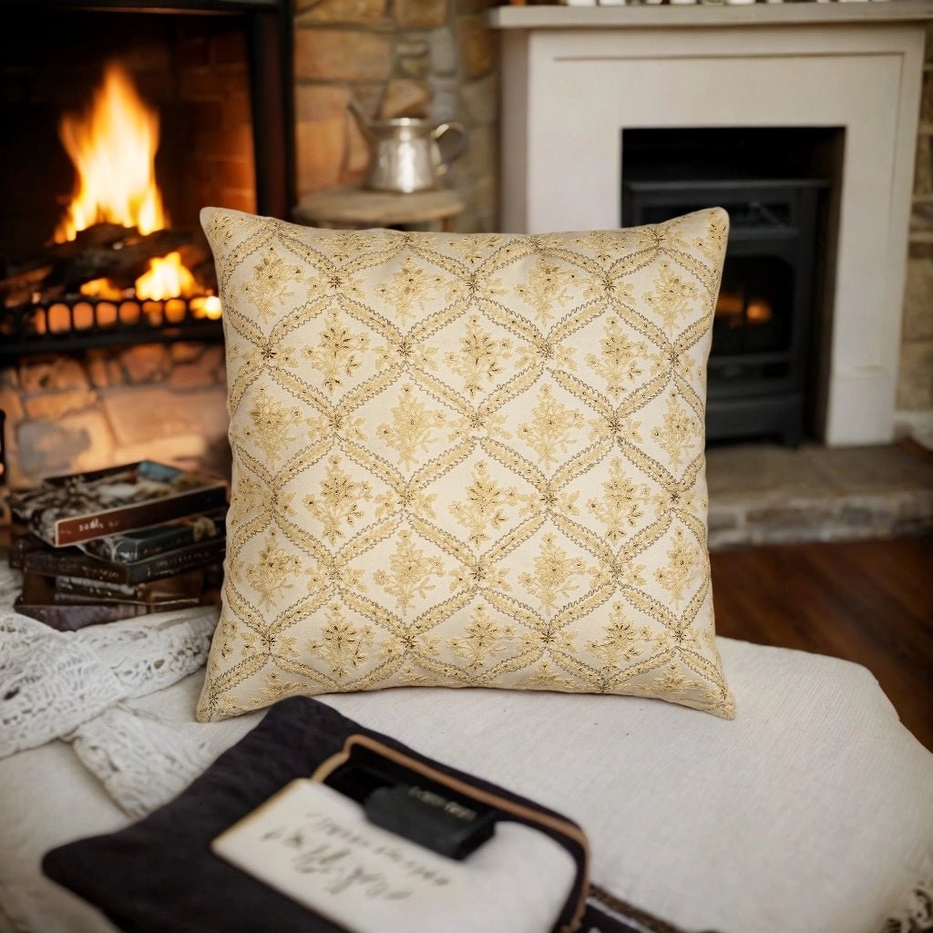 Tehzeeb Gold Geometric Floral Chanderi Silk Embroidered Cushion Cover - KHAABKA