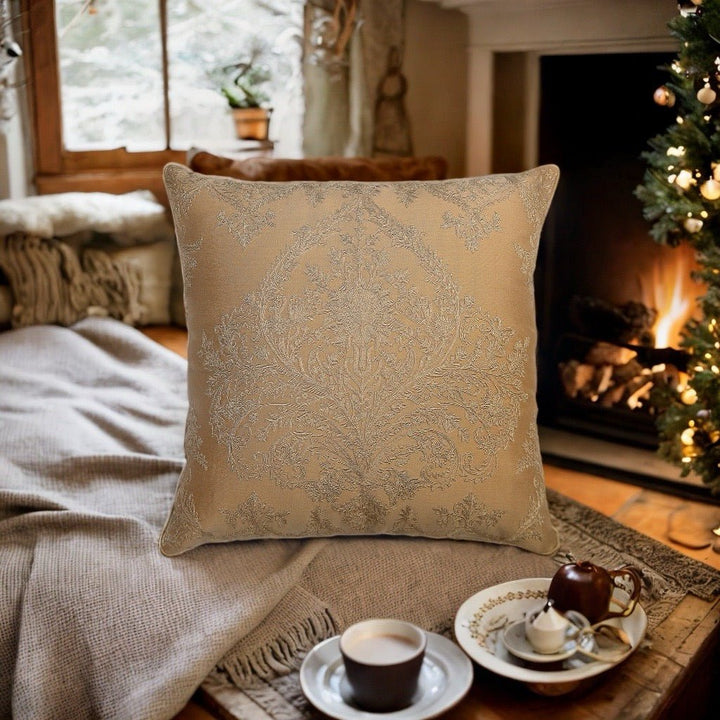 Tehzeeb Khaaki Chanderi Silk Embroidered Cushion Cover - KHAABKA